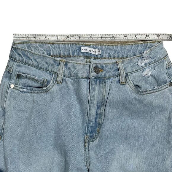 Avec Les Filles Split Hem Jeans High Rise Straight Leg Light Wash Distressed Siz - Picture 8 of 9